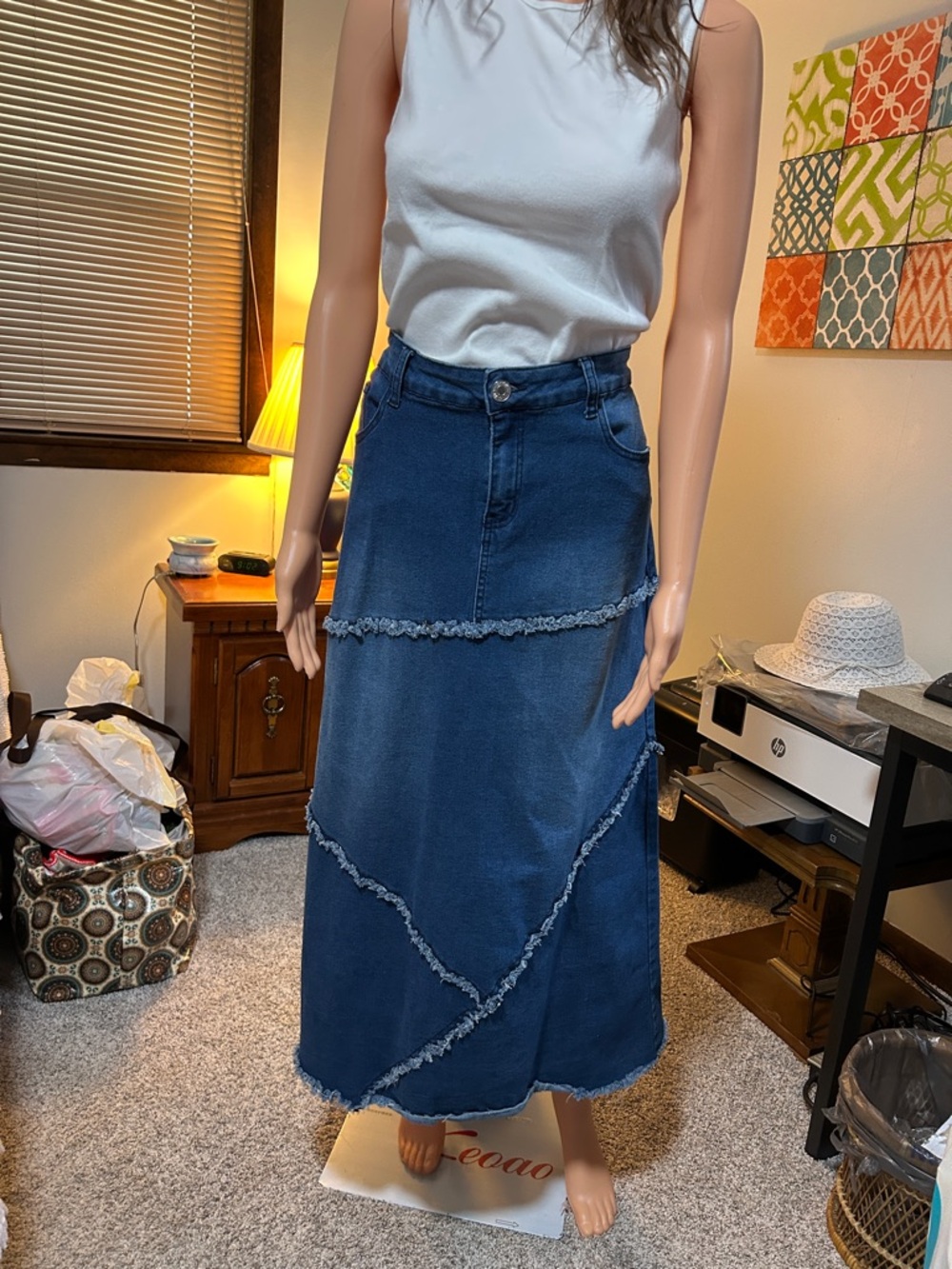 Be-Girl Dark Blue Denim Maxi Skirt with Frayed Trim